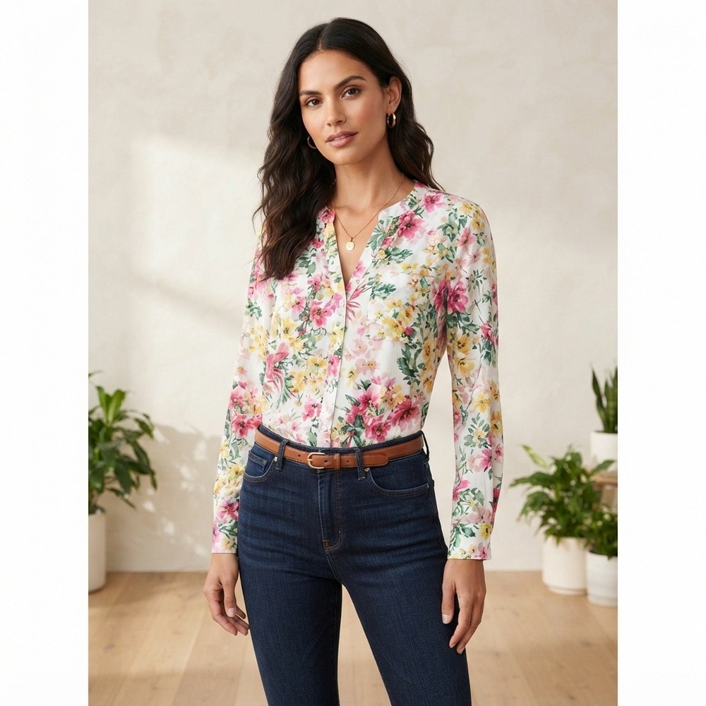 KUT from the Kloth Floral Button Down Blouse Pink Yellow Large